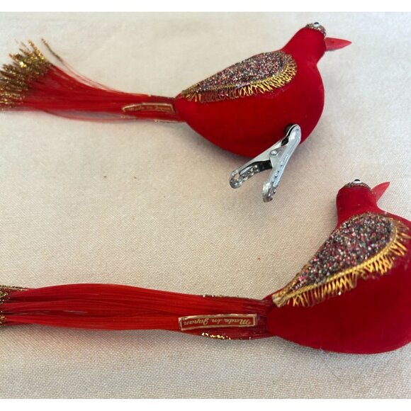 Vintage Red Cardinal Bird Clip On Christmas Ornaments Glitter Accents Long Tails - Picture 3 of 4